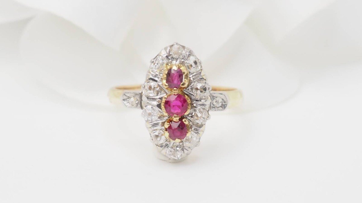 Marquise Ring In Yellow Gold, Rubies And Diamonds-photo-2