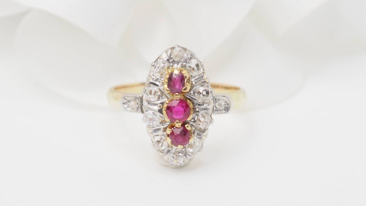 Marquise Ring In Yellow Gold, Rubies And Diamonds