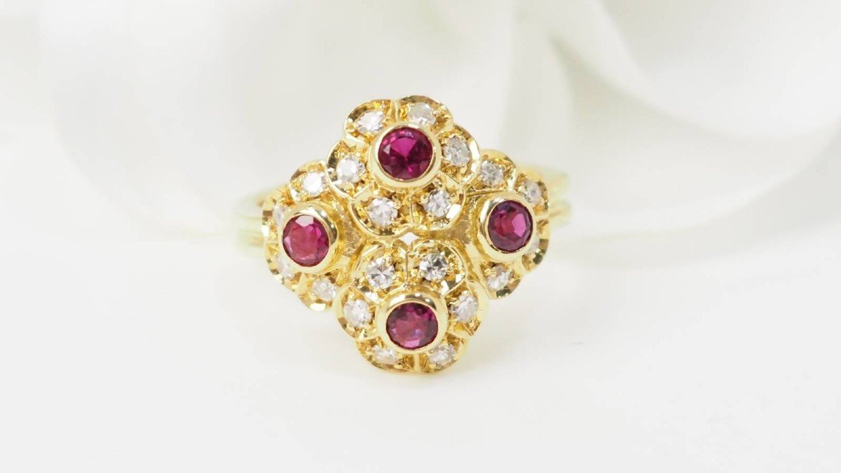 Bague Marguerite En Or Jaune, Rubis Et Diamants-photo-2