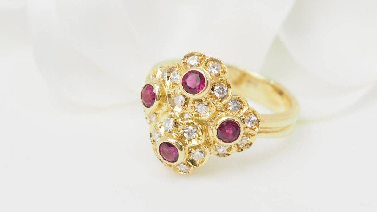 Bague Marguerite En Or Jaune, Rubis Et Diamants-photo-4