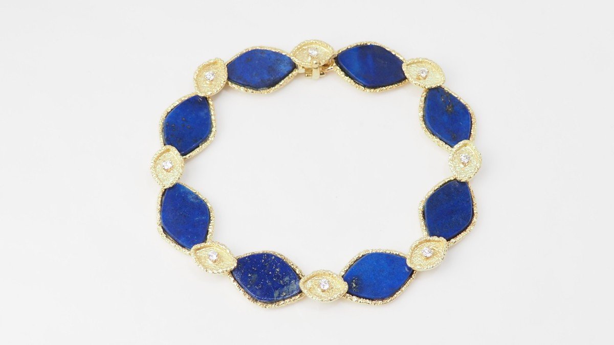 Bracelet Vintage En Or Jaune, Lapis Lazuli Et Diamants -photo-2