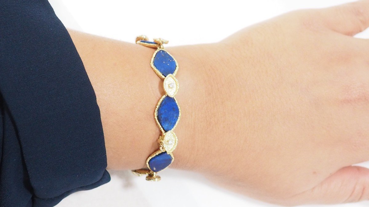 Bracelet Vintage En Or Jaune, Lapis Lazuli Et Diamants -photo-3