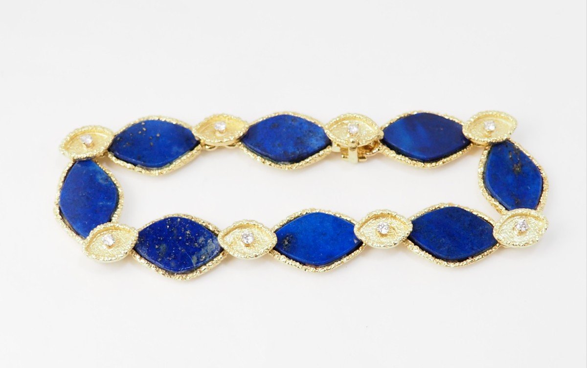 Bracelet Vintage En Or Jaune, Lapis Lazuli Et Diamants -photo-4