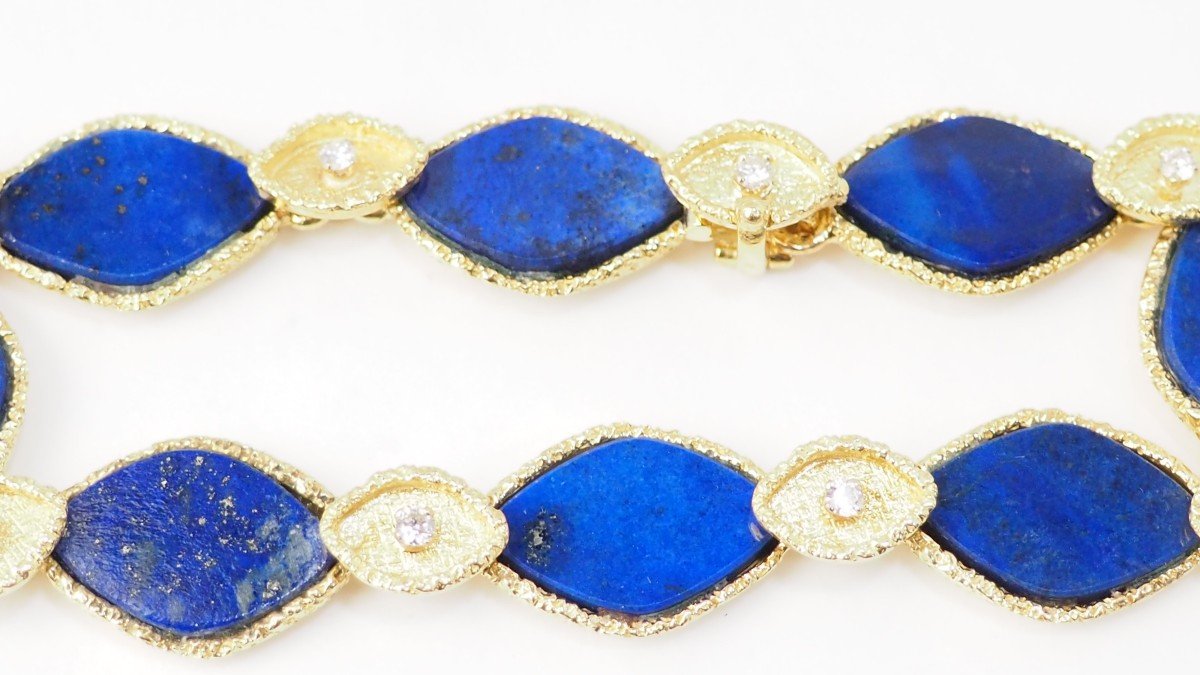 Bracelet Vintage En Or Jaune, Lapis Lazuli Et Diamants -photo-3