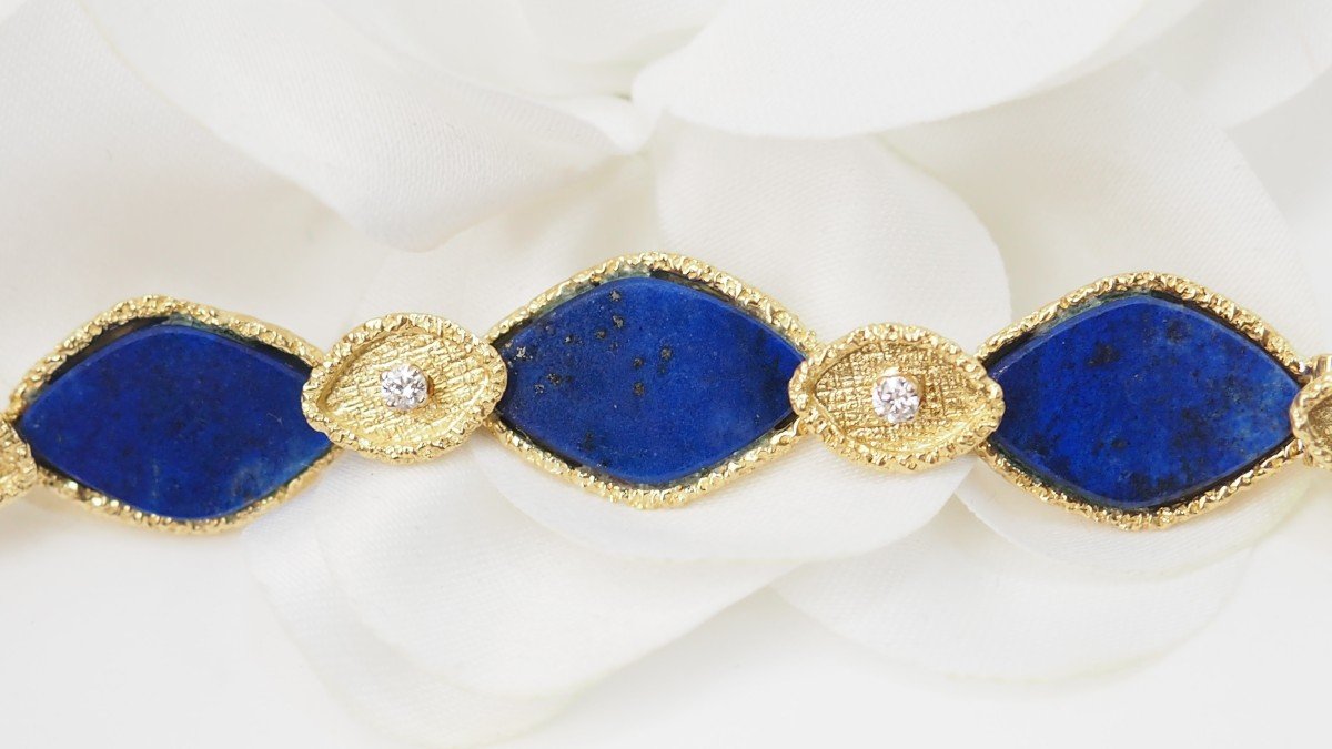 Bracelet Vintage En Or Jaune, Lapis Lazuli Et Diamants 