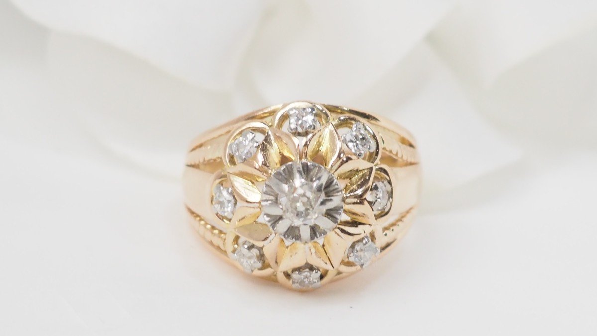 Bague Vintage En Or Jaune Et Diamants 