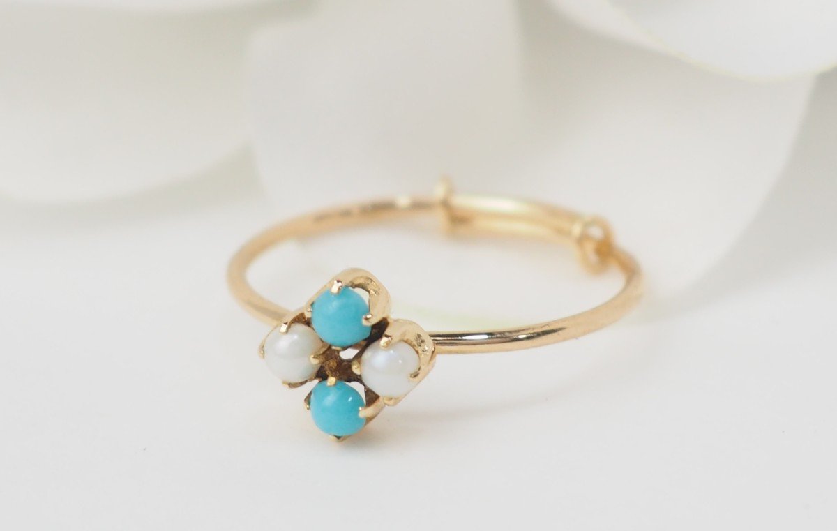 Bague En Or Jaune, Perle De Culture Et Turquoise -photo-2