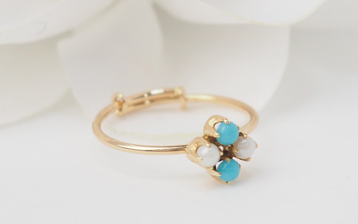 Bague En Or Jaune, Perle De Culture Et Turquoise -photo-3