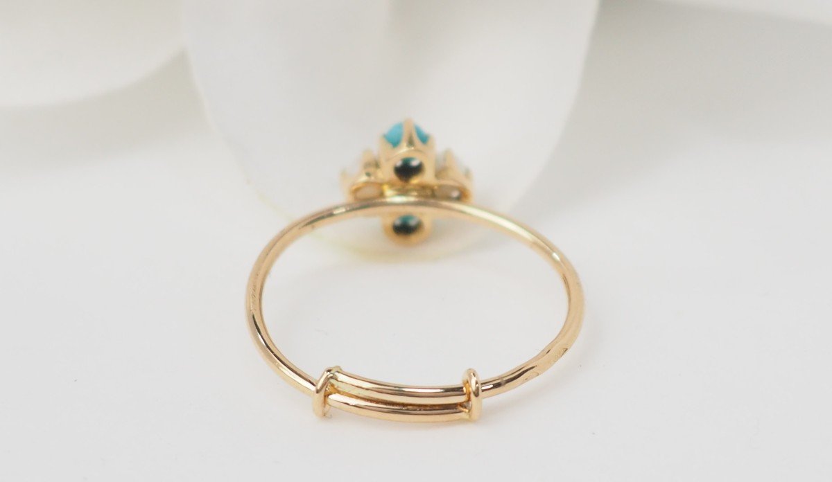 Bague En Or Jaune, Perle De Culture Et Turquoise -photo-4