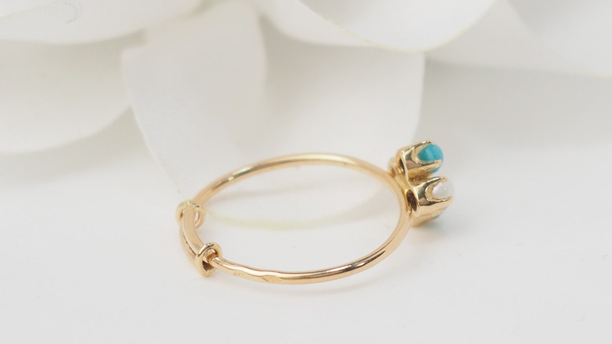 Bague En Or Jaune, Perle De Culture Et Turquoise -photo-1