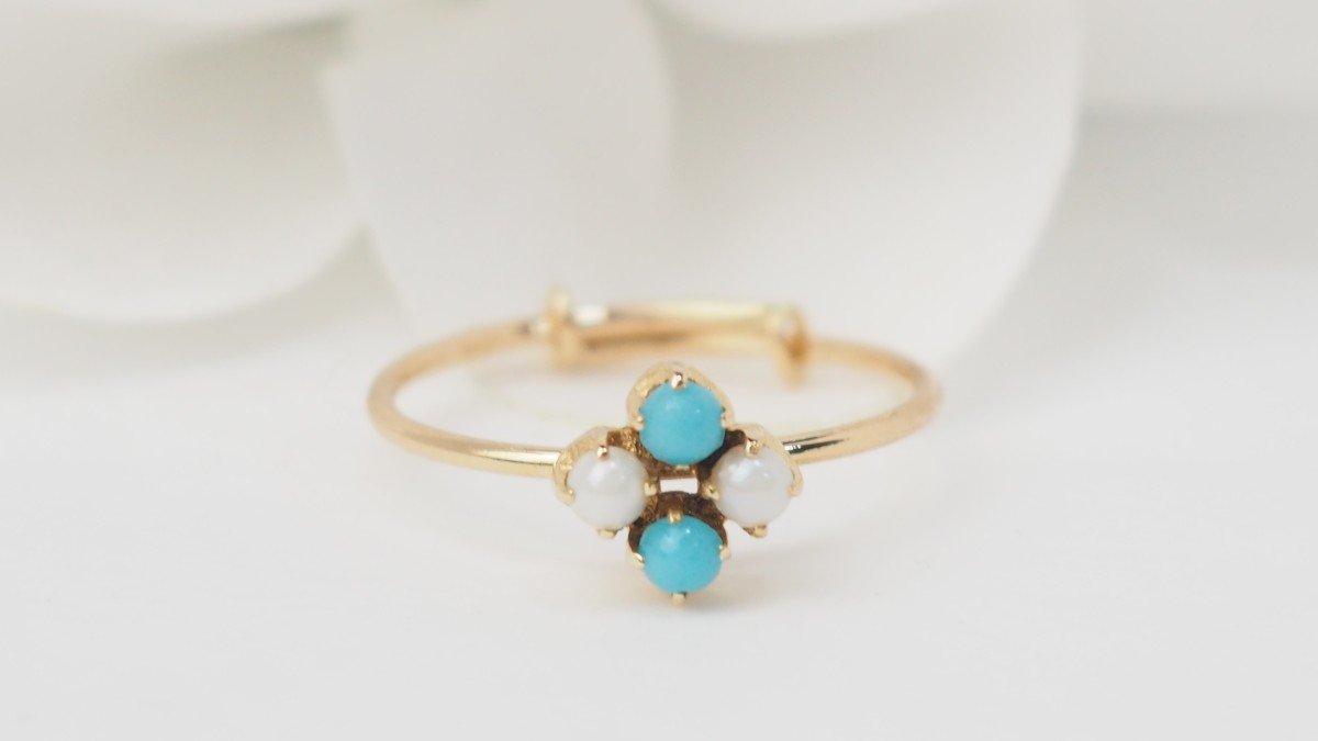 Bague En Or Jaune, Perle De Culture Et Turquoise 