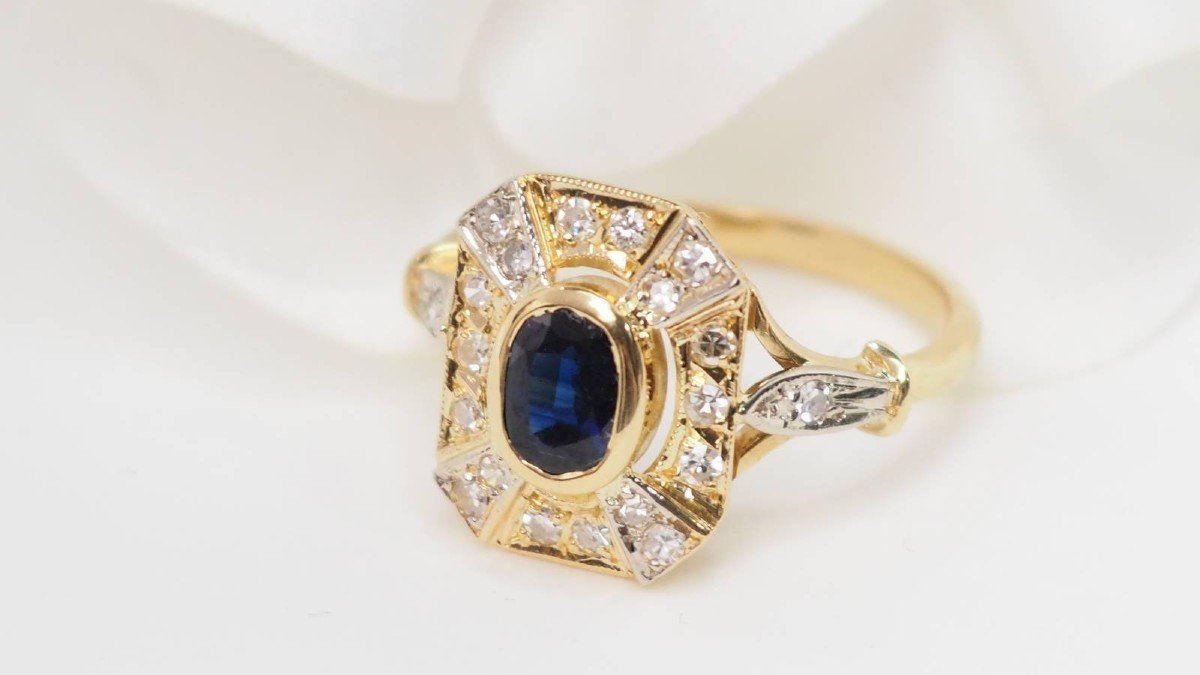 Bague Vintage En Or Jaune, Saphir Et Diamants Ovale-photo-4