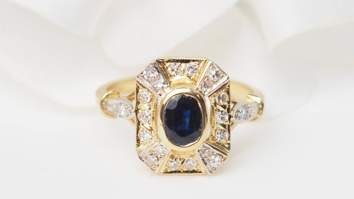 Vintage Yellow Gold, Sapphire And Oval Diamond Ring-photo-3