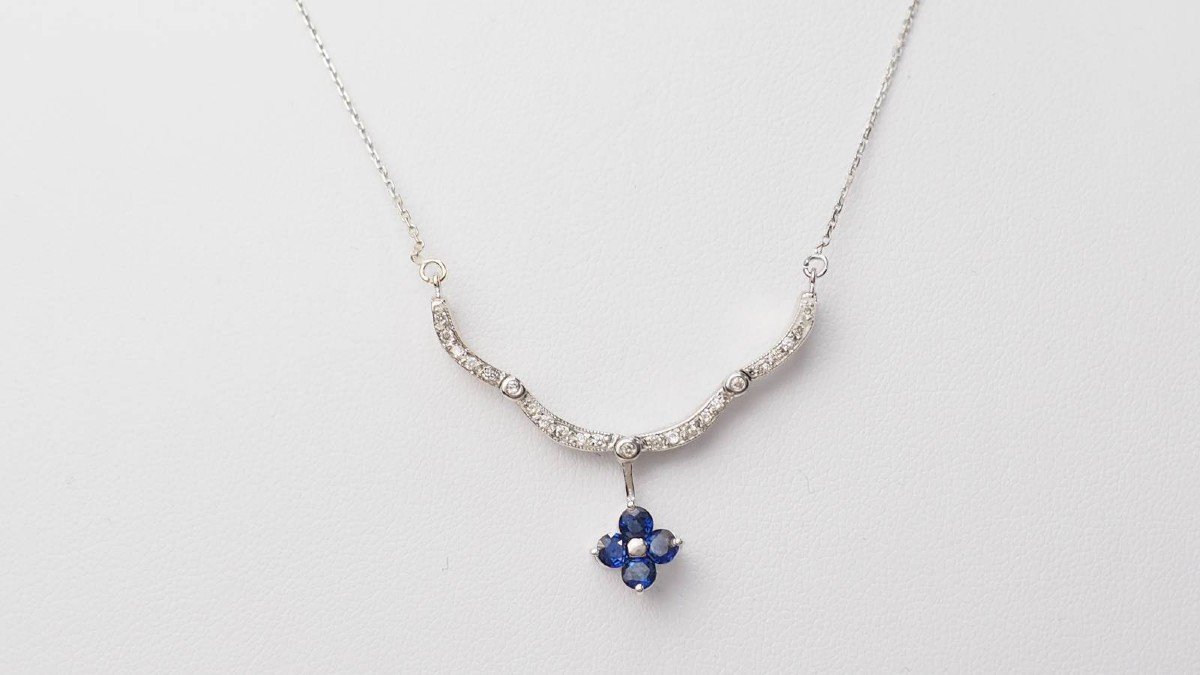 Antique Necklace In White Gold, Sapphires And Diamonds 