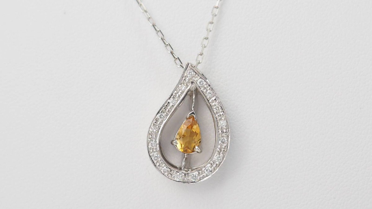 Collier En Or Blanc, Citrine Et Diamants -photo-3