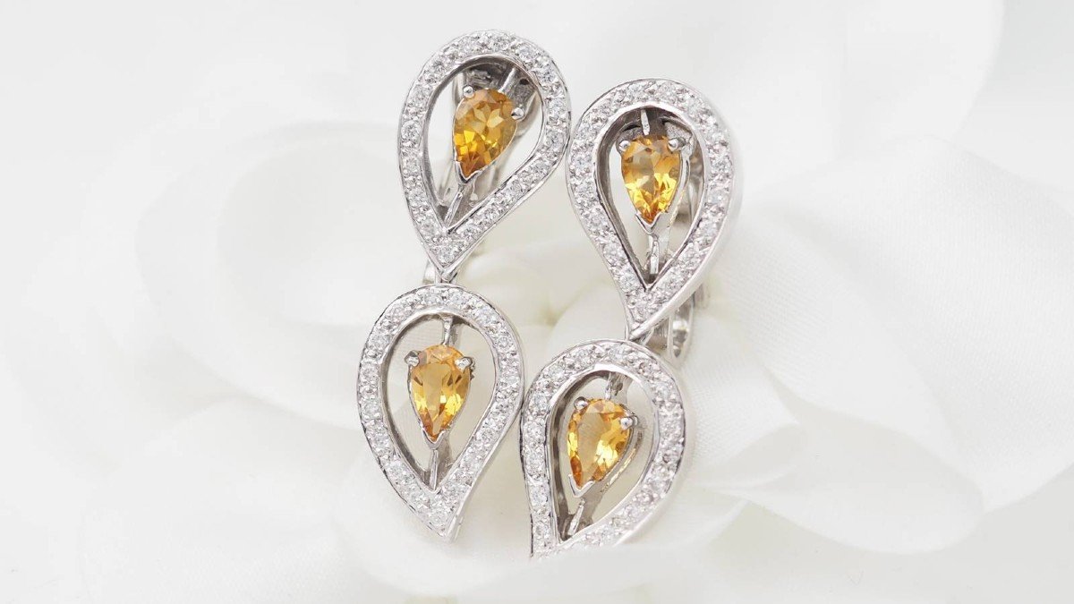 White Gold, Citrine And Diamond Drop Earrings-photo-2