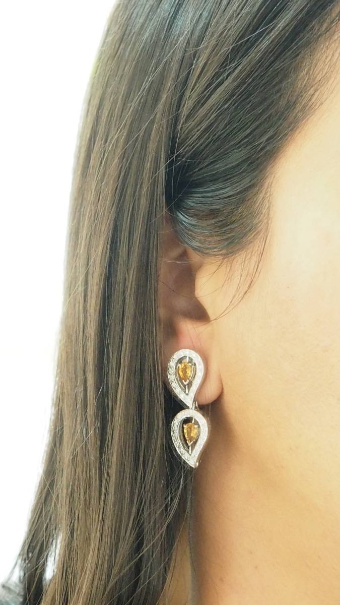 White Gold, Citrine And Diamond Drop Earrings-photo-2