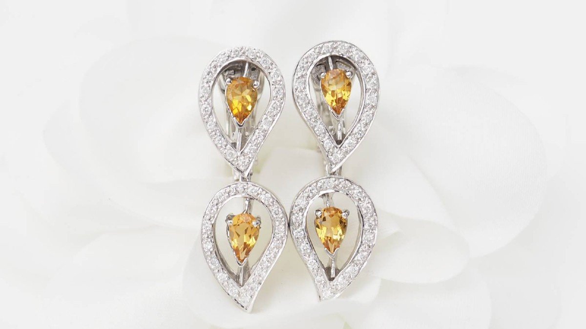 White Gold, Citrine And Diamond Drop Earrings