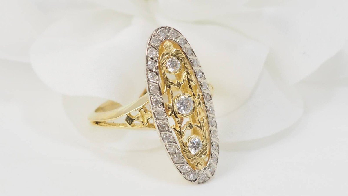 Bague Marquise En Or Bicolore Et Diamants-photo-3