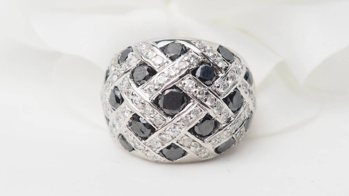 Bague Jonc En Or Blanc Et Diamants Blancs Et Noirs-photo-2