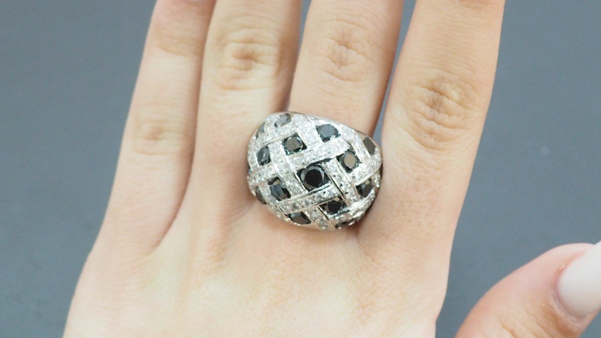 Bague Jonc En Or Blanc Et Diamants Blancs Et Noirs-photo-3