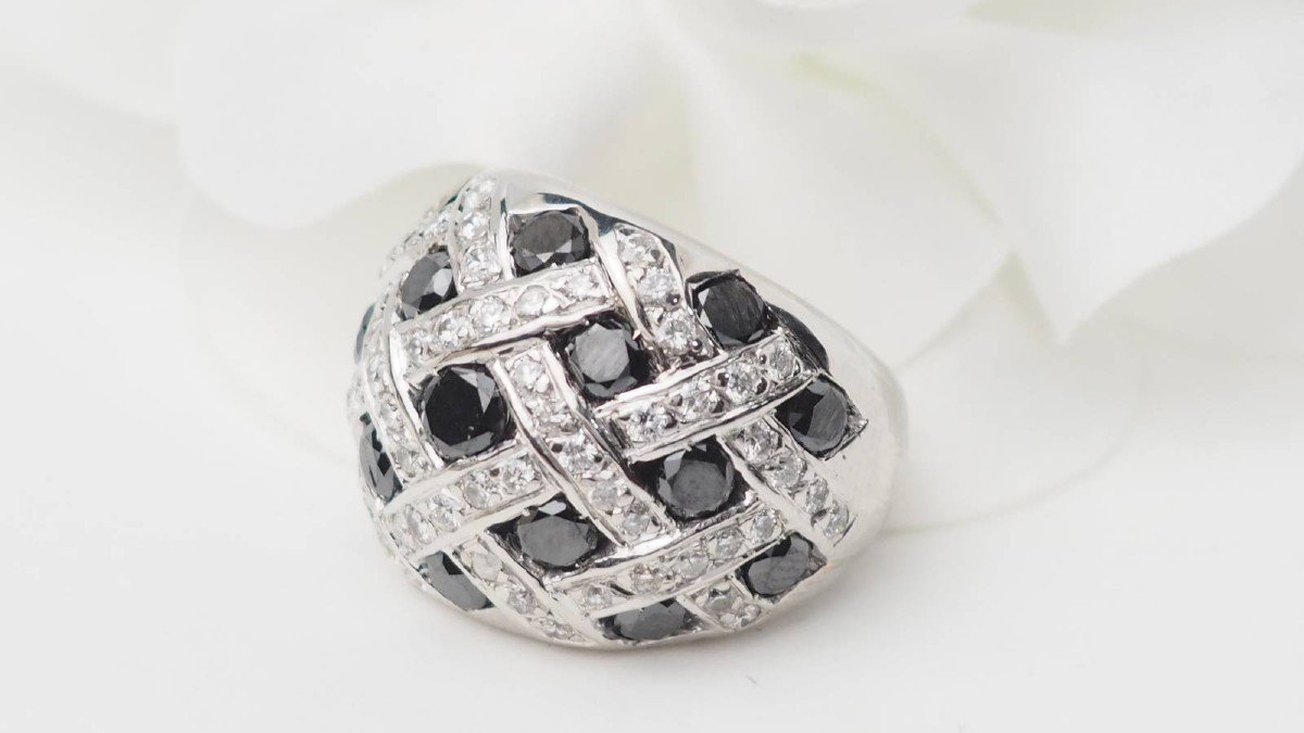 Bague Jonc En Or Blanc Et Diamants Blancs Et Noirs-photo-4