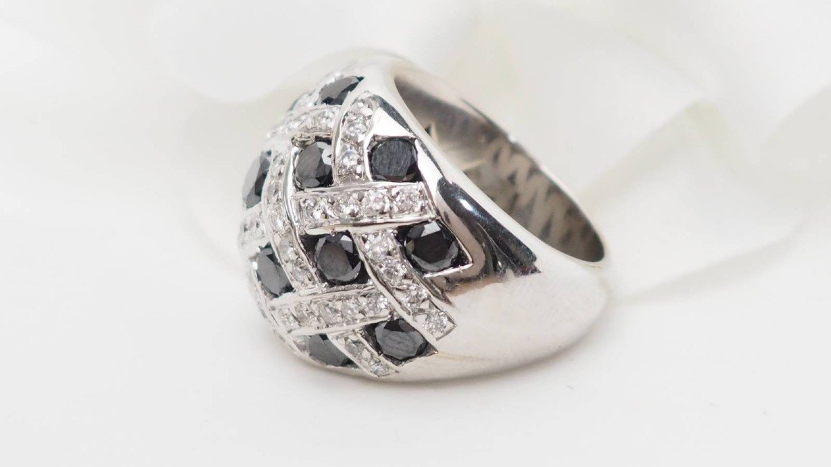 Bague Jonc En Or Blanc Et Diamants Blancs Et Noirs-photo-2