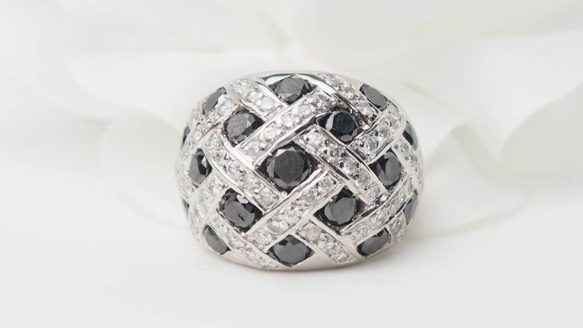 Bague Jonc En Or Blanc Et Diamants Blancs Et Noirs-photo-4