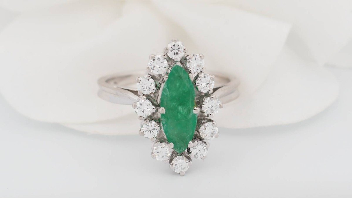 Marquise Ring In White Gold, Emerald And Diamonds