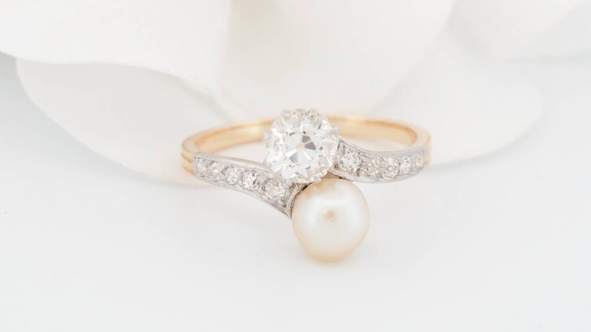 You And Me Ring In 18kt Two-tone Gold, Diamonds And Cultured Pearl-photo-2