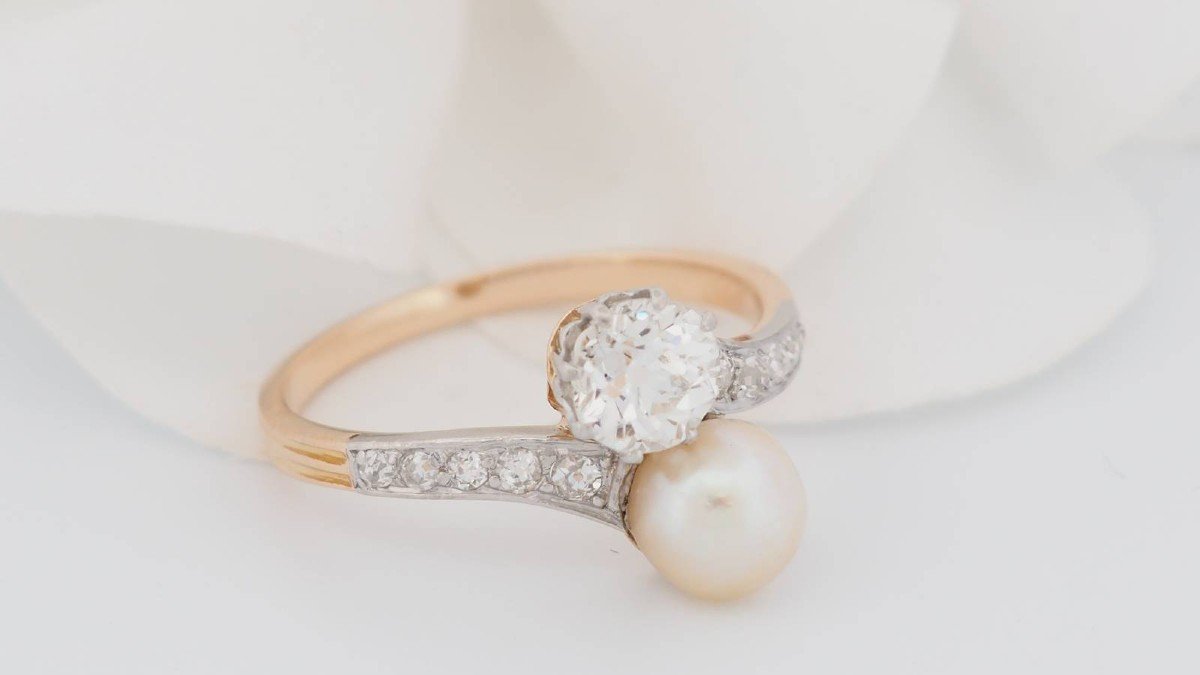 You And Me Ring In 18kt Two-tone Gold, Diamonds And Cultured Pearl-photo-1