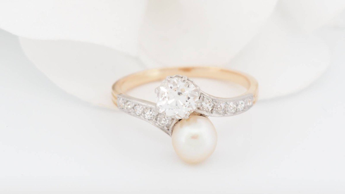 You And Me Ring In 18kt Two-tone Gold, Diamonds And Cultured Pearl