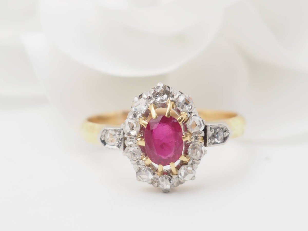 Antique Ring In Yellow Gold, Ruby And Diamonds