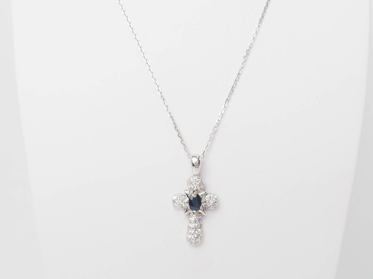 White Gold, Sapphire And Diamond Cross Pendant Necklace -photo-2