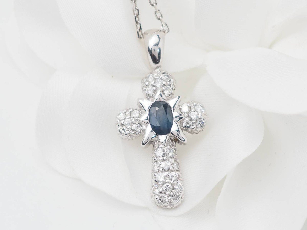 White Gold, Sapphire And Diamond Cross Pendant Necklace -photo-3