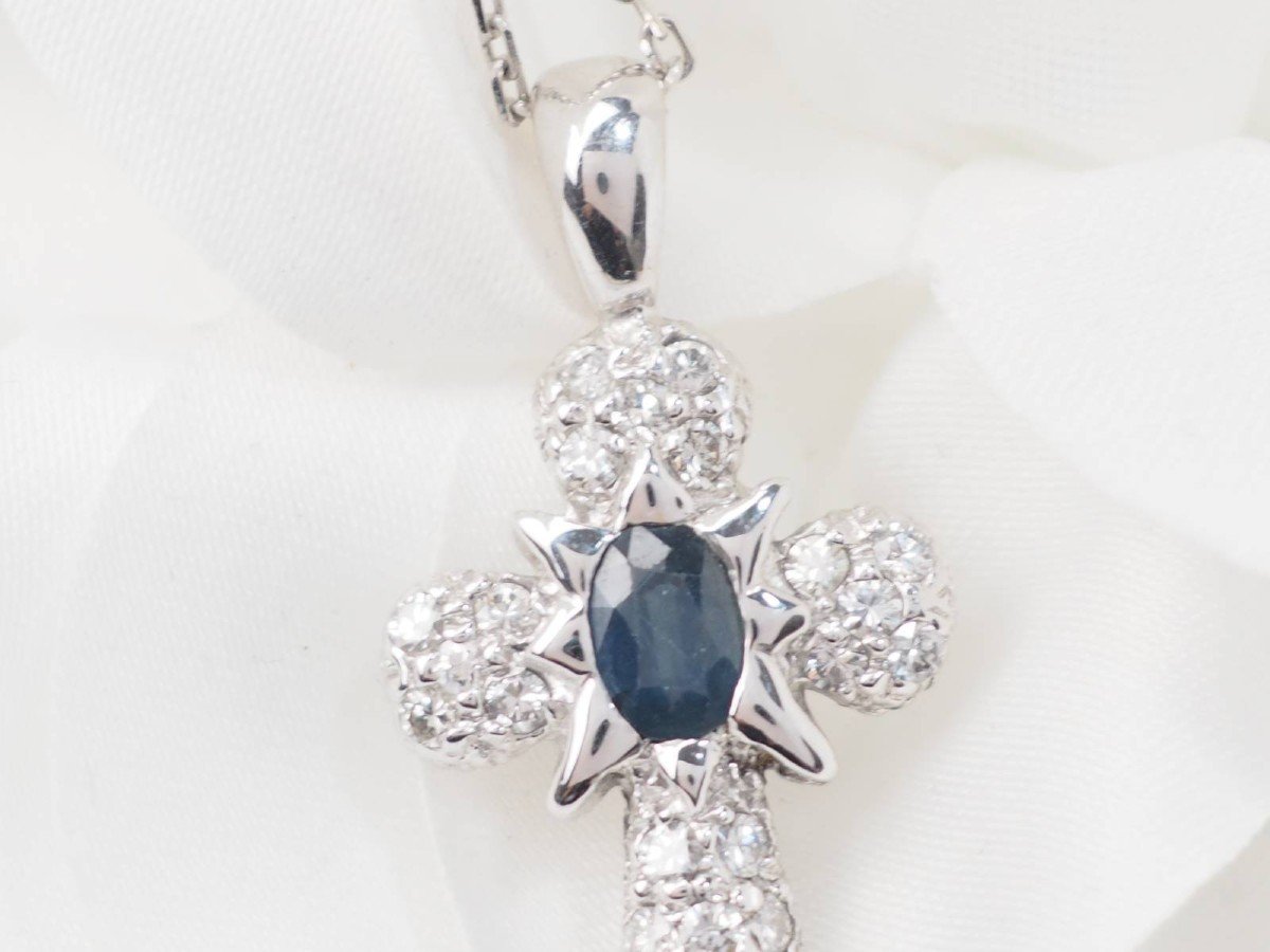 White Gold, Sapphire And Diamond Cross Pendant Necklace -photo-1