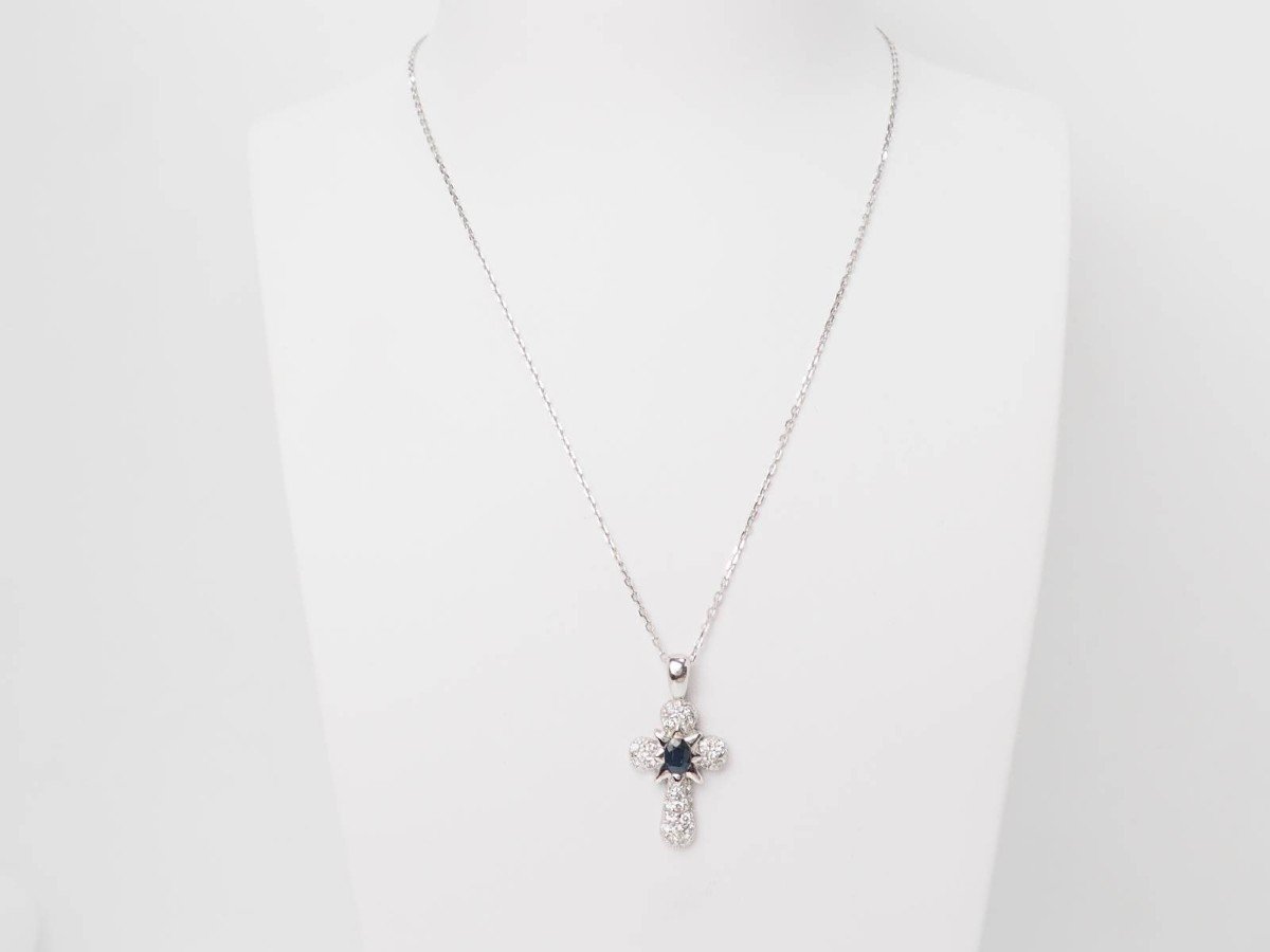 White Gold, Sapphire And Diamond Cross Pendant Necklace 