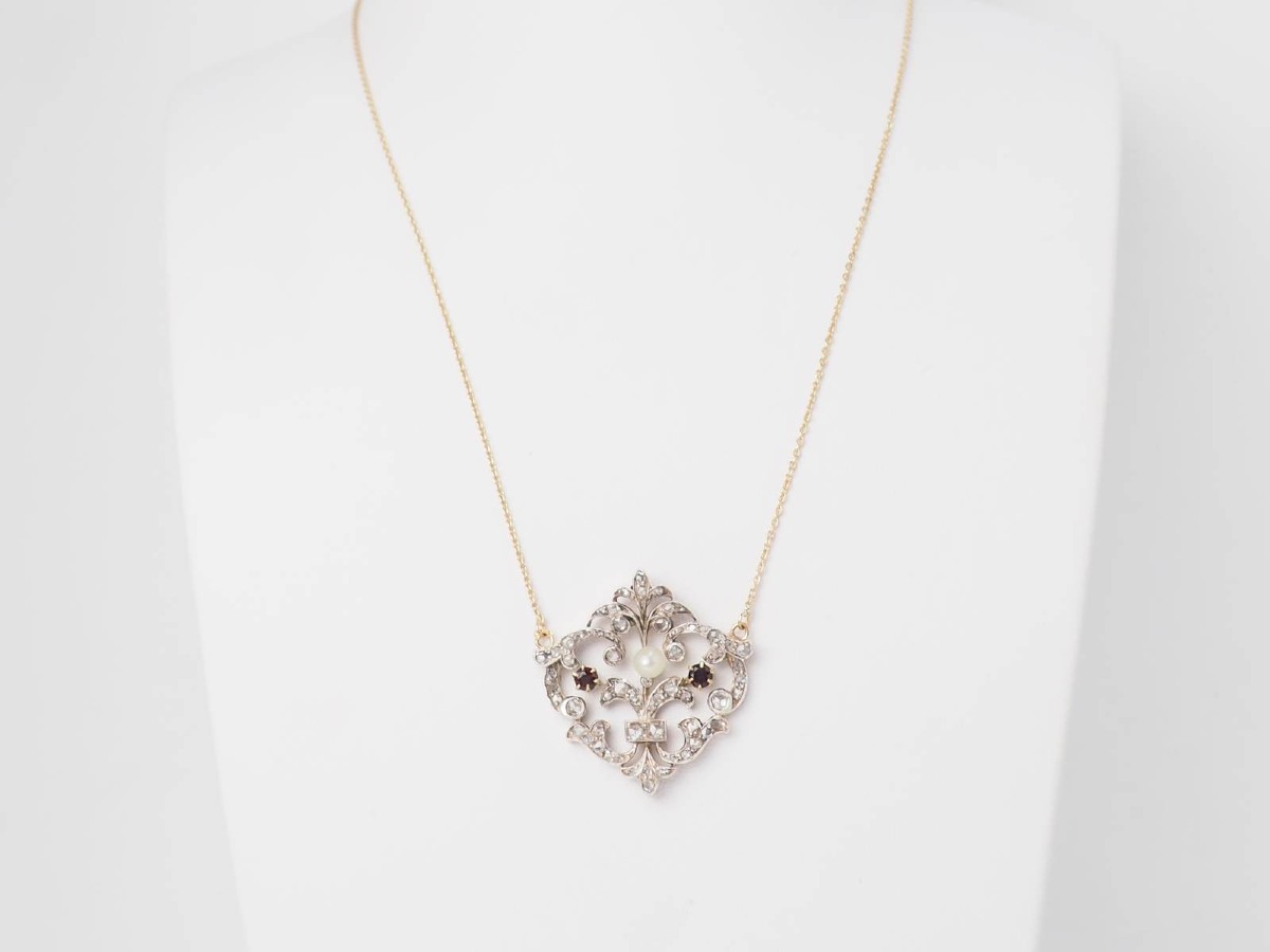 Collier Volutes En Or Jaune Et Argent, Grenat Diamants Et Perle -photo-2