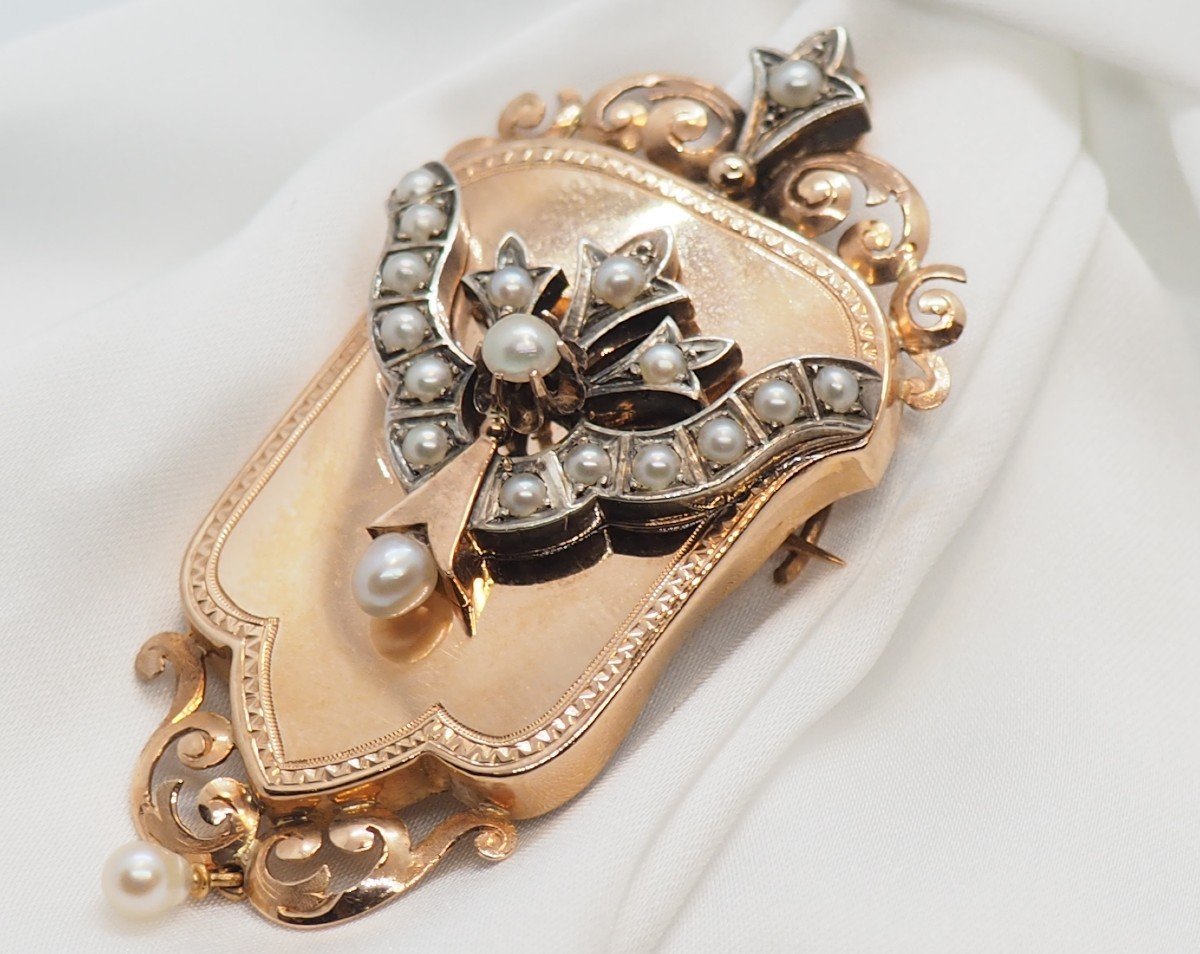 Napoleon III Pendant Brooch In Rose Gold, Decorated With Pearls