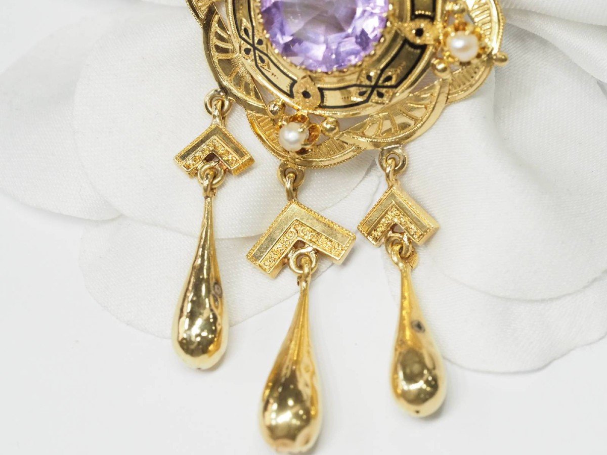 Napoleon III Pendant Brooch In Yellow Gold, Amethyst And Fine Pearls-photo-3