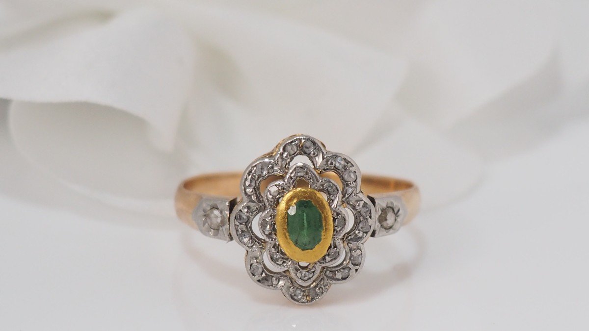 Bague Marguerite En Or Jaune, Emeraude Et Roses-photo-2