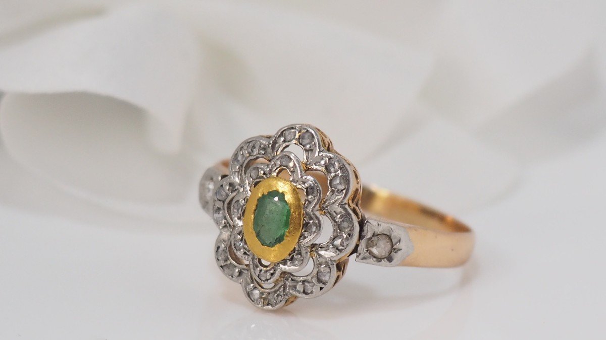 Bague Marguerite En Or Jaune, Emeraude Et Roses-photo-4