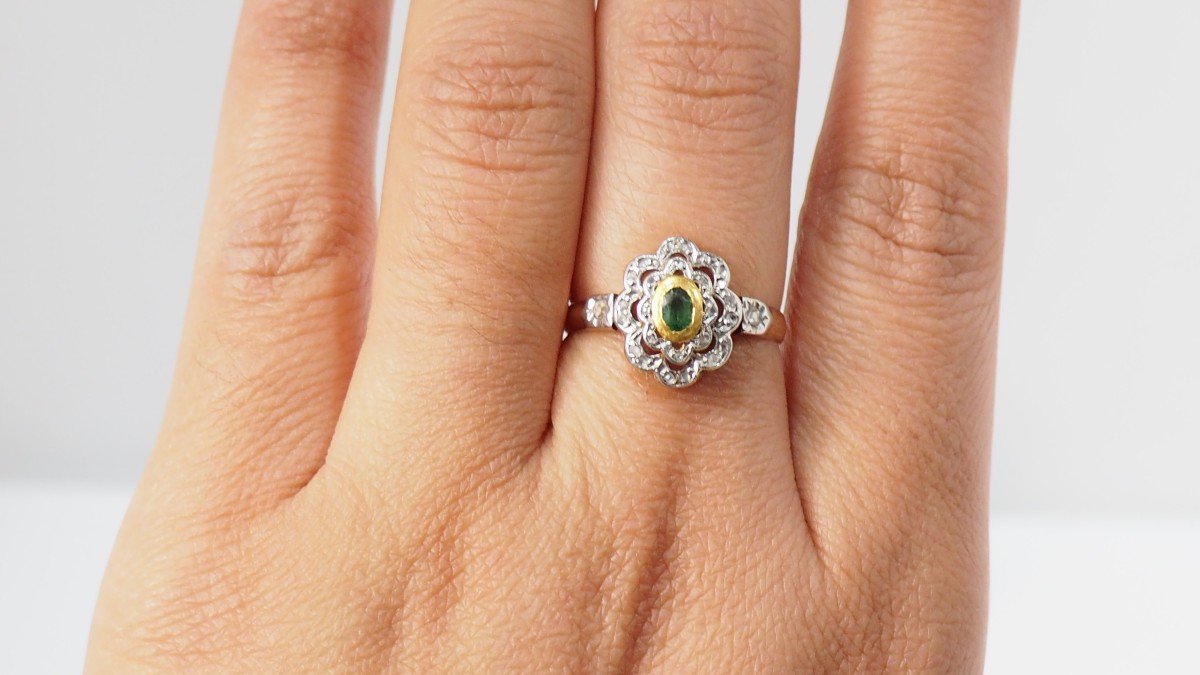 Daisy Ring In Yellow Gold, Emerald And Roses-photo-2