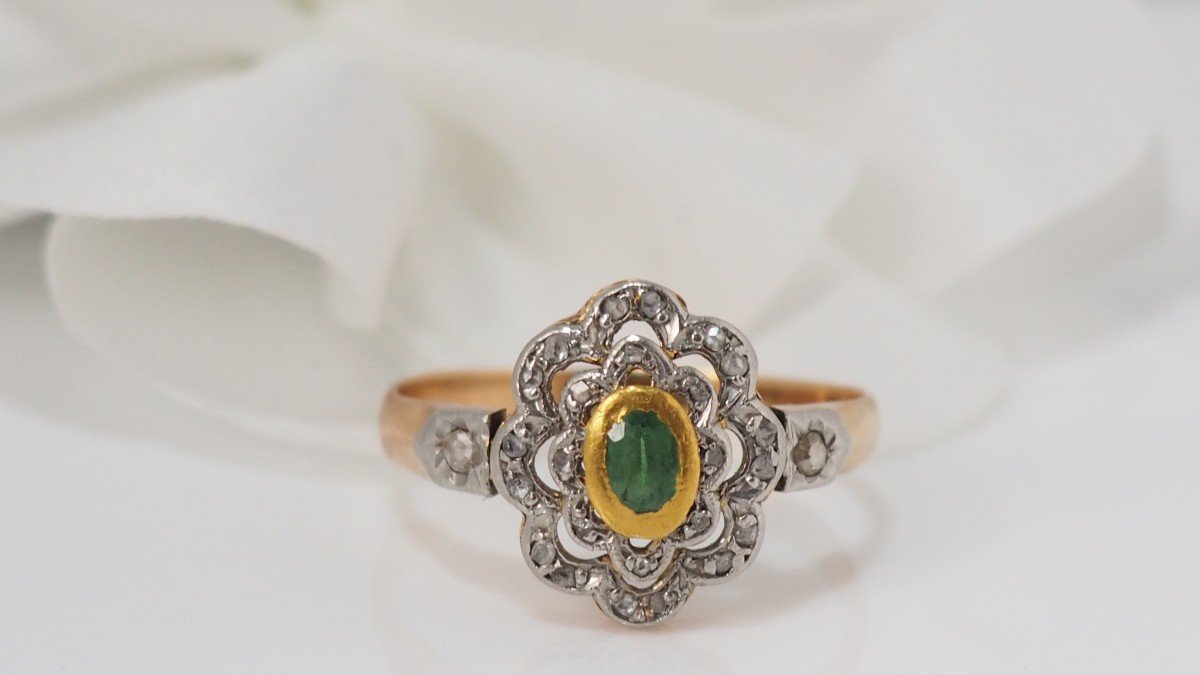 Bague Marguerite En Or Jaune, Emeraude Et Roses