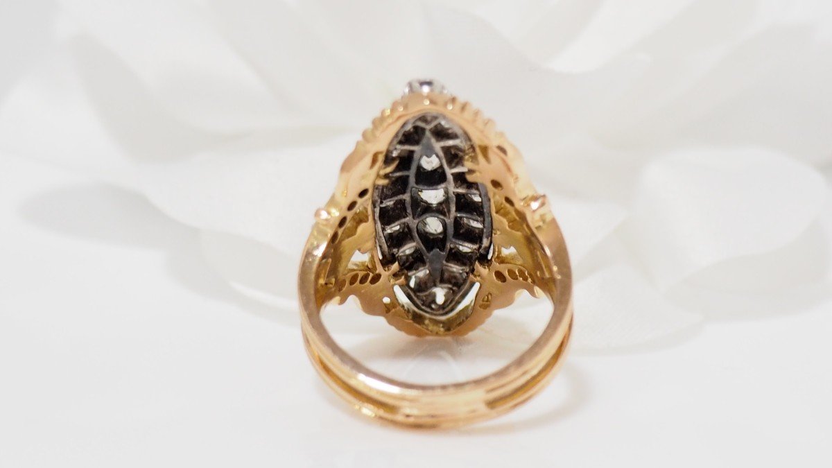 Marquise Ring In Yellow Gold And Silver, Set With Diamonds-photo-2