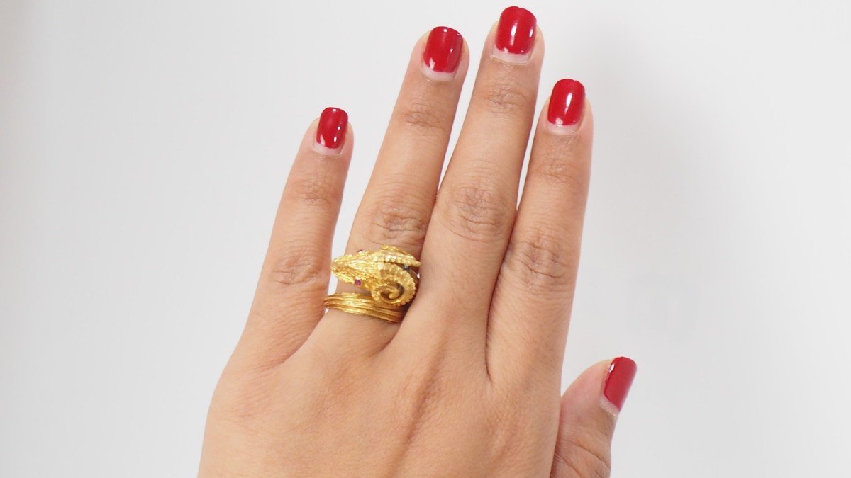 Bague Tête de Bélier En Or Jaune Et Rubis-photo-4