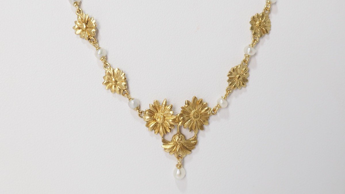 Collier Draperie Ancien En Or Jaune Et Perles Fines-photo-1