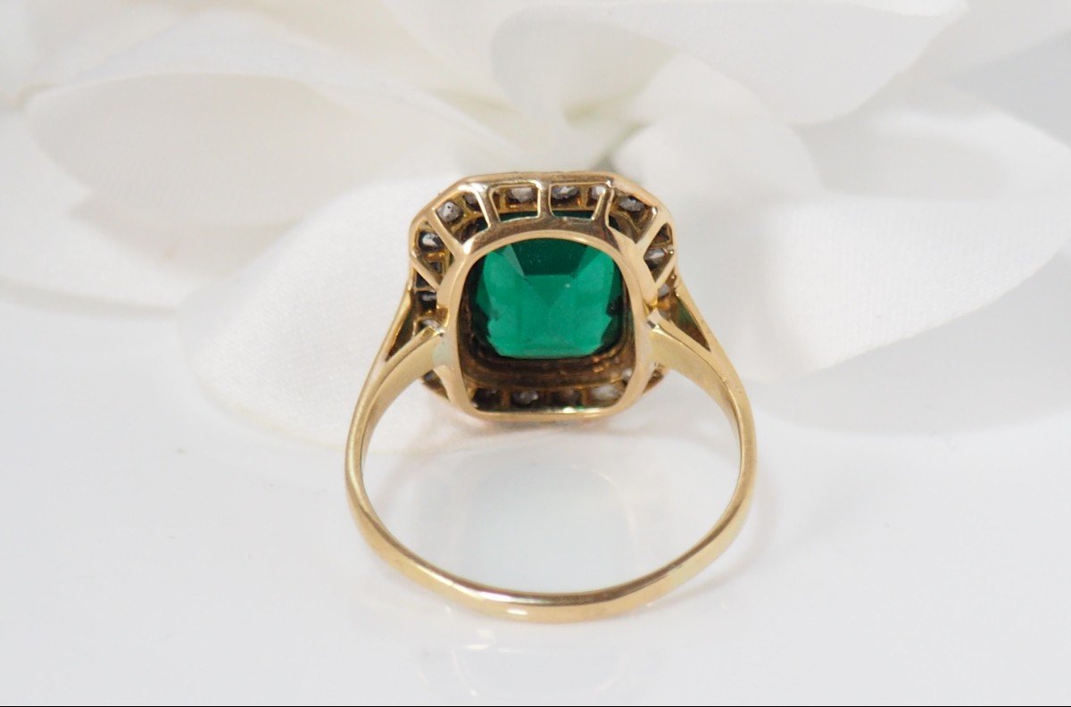 Pompadour Ring In Yellow Gold, Green Stone And Diamonds-photo-1