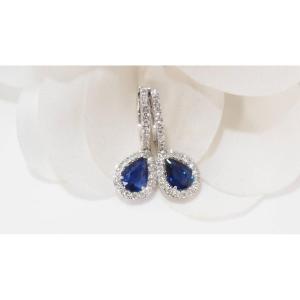 Boucle d'Oreilles En Or Blanc, Saphir De Ceylan Et Diamants  