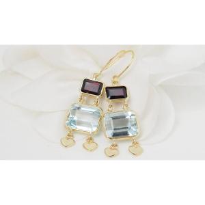 Boucles d'Oreilles En Or Jaune, Aigue Marine Et Grenat 